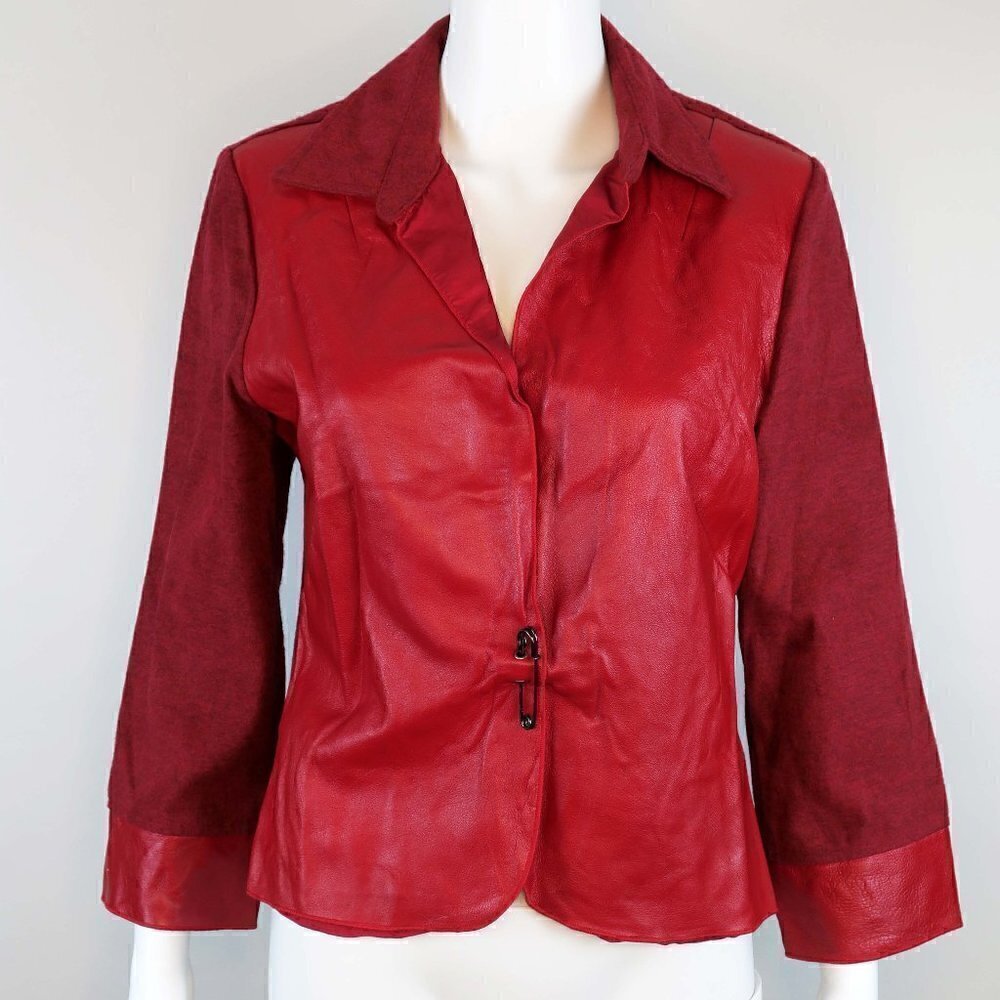 Poleci Red Leather Safety Pin Closure Jacket